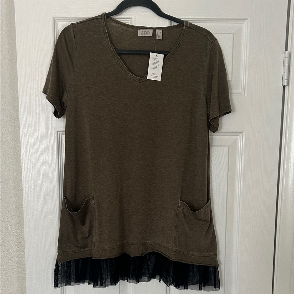 LOGO by Lori Goldstein Olive Top with Black Tulle Hem NWT